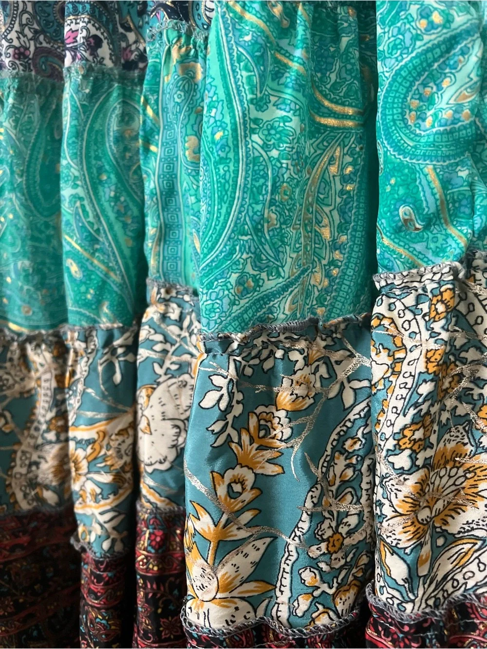 Multi-Color Silk Blend Floral Patchwork Tiered Ruffle Skirt Free Size Gypsy Boho